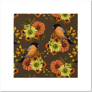 Bullfinch on autumn florals Posters and Art